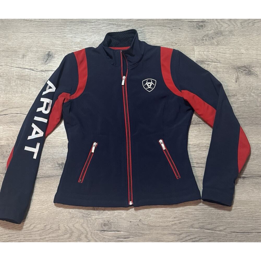 Ariat Team Softshell Jacket Women Small Blue Red Full Zip Equestrian Riding EUC